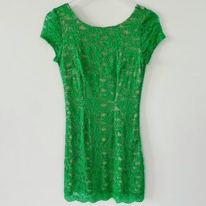 Bebe Lace Bodycon Dress Green Tan XS